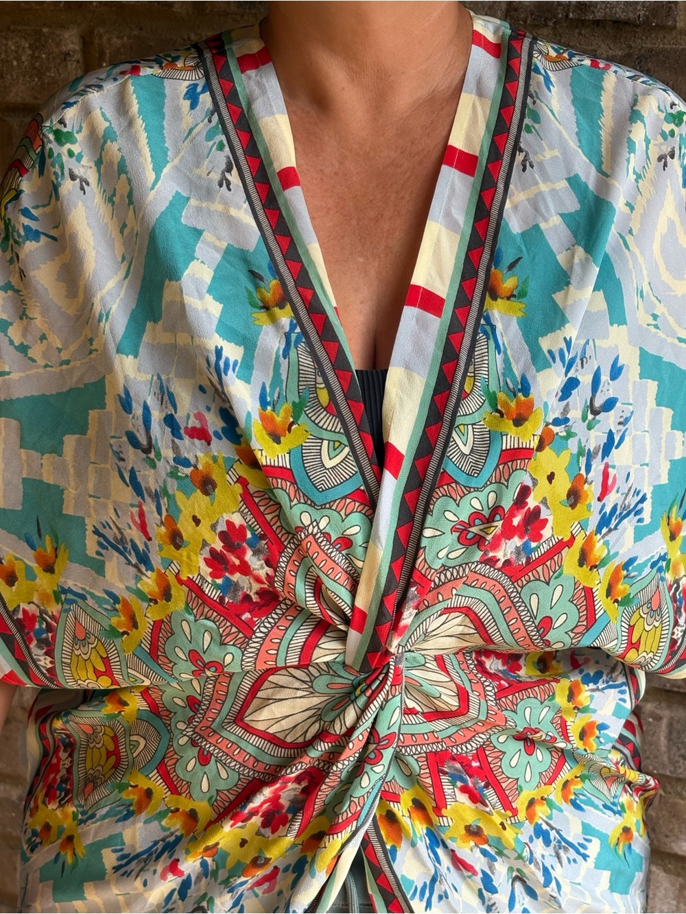 Johnny Was Pastel Blue Floral Geometric Blouse
